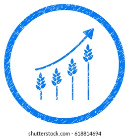 Wheat Growing Chart grainy textured icon inside circle for overlay watermark stamps. Flat symbol with dust texture. Circled vector blue rubber seal stamp with grunge design.