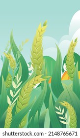 Wheat grows in the farmland with ears of wheat, vector illustration