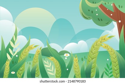 Wheat grows in a wheat field in summer, the girl is under the tree, vector illustration