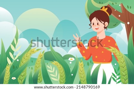 Wheat grows in a wheat field in summer, the girl is under the tree, vector illustration