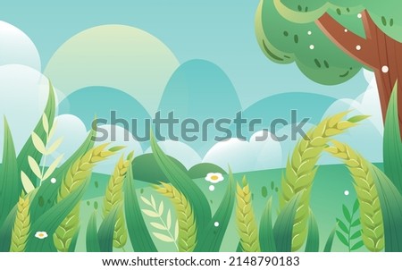 Wheat grows in a wheat field in summer, the girl is under the tree, vector illustration