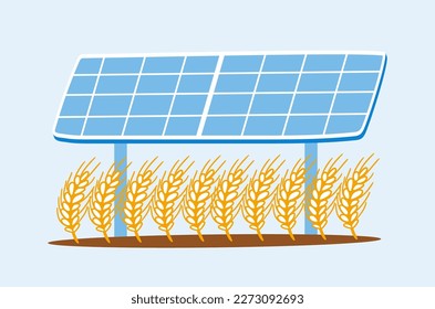 Wheat grows under the solar panel. The concept of simultaneous use of land plots both for the production of solar photovoltaic energy and for agriculture. Vector flat illustration.