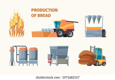 Wheat harvesting. Bread production bakery industry tasty food from grain seeds farm machines and retail markets garish vector flat infographic