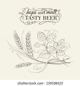 Wheat and hop on sepia. Vector illustration.