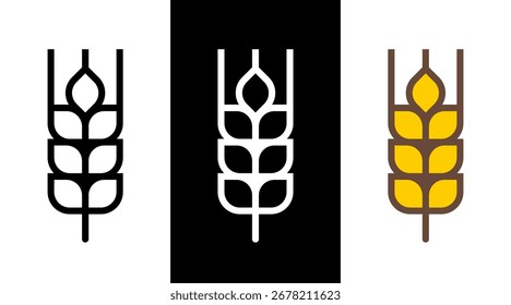 Wheat icon in different style: line black, white and flat colorful.  