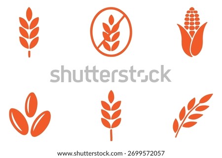 wheat icon, Grey Cereals icon set with rice, wheat, corn, oats, Vector farm wheat ears  Gluten free   Icon bakery. Spike wheat. Bread grain