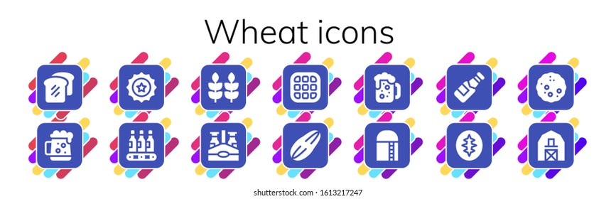 wheat icon set. 14 filled wheat icons. Included Bread, Dark beer, Beer cap, Beers, Wheat, Beer bottle, Waffle, Seed, Harvest, Sourdough, Barn icons