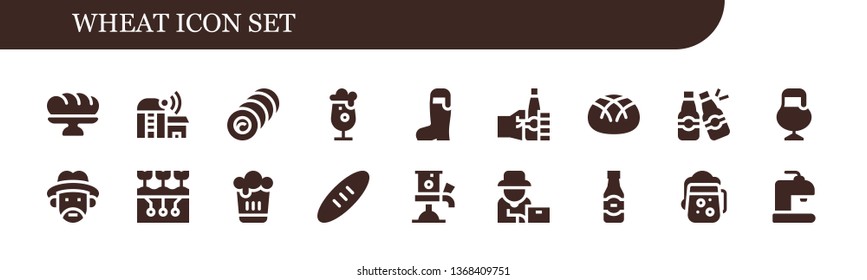 wheat icon set. 18 filled wheat icons.  Collection Of - Baguette, Farm, Bale, Beer, Oktoberfest, Bread, Beers, Farmer, Farming, Beer tap