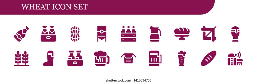 wheat icon set. 18 filled wheat icons.  Simple modern icons about  - Beer, Peanut, Beer box, Baguette, Crop, Wheat, Noodles, Bread, Farm