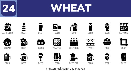 wheat icon set. 24 filled wheat icons.  Simple modern icons about  - Dark beer, Beer, Silo, Farming, Bread, Beers, Waffle, Beer box, Farm, Rice, Crop, tap