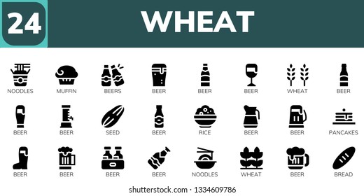 wheat icon set. 24 filled wheat icons.  Collection Of - Noodles, Muffin, Beers, Beer, Wheat, Seed, Rice, Pancakes, Bread