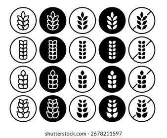 Conjunto de iconos de trigo. Símbolos de grano y contorno rellenos en blanco y negro en círculo. Sin gluten