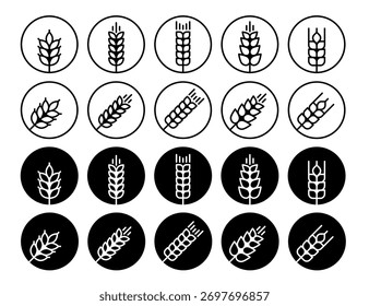 Conjunto de iconos de trigo. Símbolos de grano y contorno rellenos en blanco y negro en círculo. Sin gluten