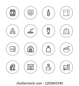 Wheat icon set. collection of 16 outline wheat icons with bakery, barn, bread, beer, hay, noodles, pretzel, rice, sack icons.