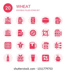 wheat icon set. Collection of 20 filled wheat icons included Pancakes, Beer, Rice, Pancake, Crop, Waffle, Scarecrow, Wheat