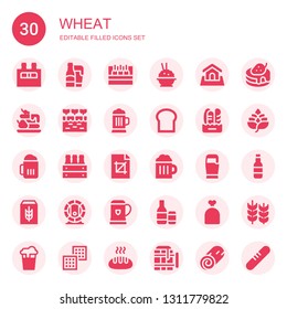 wheat icon set. Collection of 30 filled wheat icons included Beer, Rice, Land, Waffle, Farm, Bread, Crop, Cereal, Beers, Sack, Pancake, Hop, Wheat, Cinnamon roll