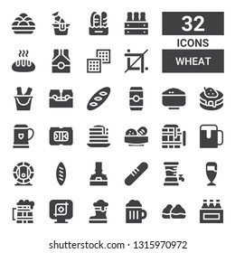 wheat icon set. Collection of 32 filled wheat icons included Beers, Bun, Beer, Crop, Bread, Brewery, Pancake, Rice, Waffle, Kanji vadas