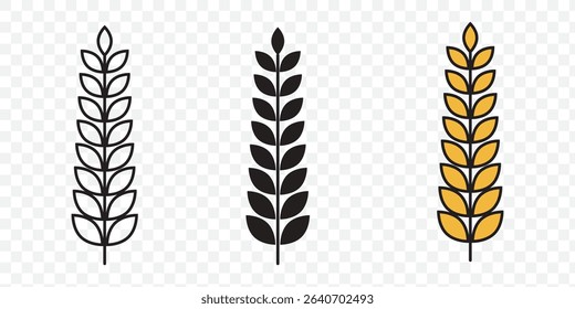 Wheat icon set. Collection of black wheat ear silhouettes, ideal for agriculture logos, organic product labels, and rural themed designs. Vector illustration. EPS 10.