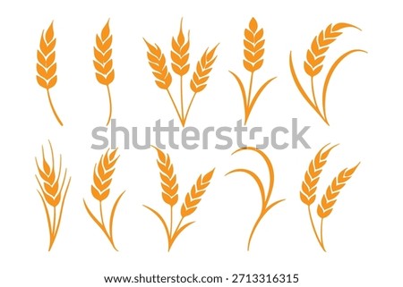 Wheat icon set. Collection of black wheat ear silhouettes, ideal for agriculture logos, organic product labels, and rural themed designs. Vector illustration. EPS 10