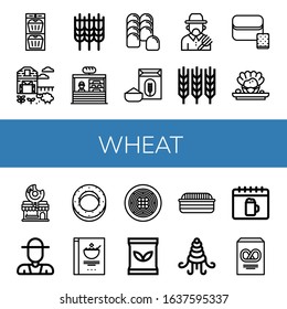 wheat icon set. Collection of Muffin, Sheep farm, Wheat, Bakery, Bread, Flour, Farmer, Shellfish, Donut shop, Bagel, Cereals, Spaghetti, Seed bag, Oktoberfest, Pretzel icons