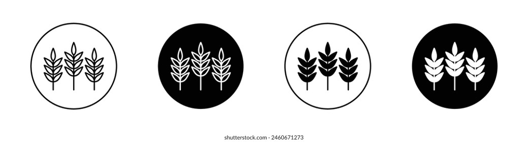 Wheat icon set. gluten grain vector symbol. oats cereal plant sign. whole rice or dietary fiber icon. wheat crop symbol in black filled and outlined style.