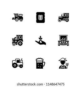 wheat icon set. hand holding a stalk, tractor and farmer vector icon for graphic design and web