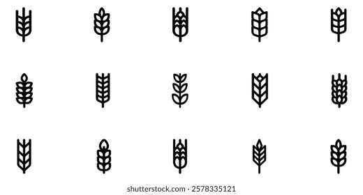 Wheat icon set. Outline wheat icon or wheat symbol. Barley spike or corn ear. Bakery, bread or agriculture logo concept. Line grain sign. Vector illustration. Vector Graphic. EPS 10