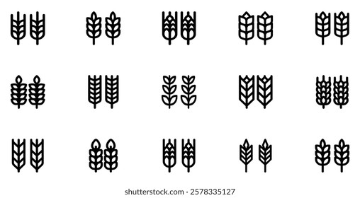 Wheat icon set. Outline wheat icon or wheat symbol. Barley spike or corn ear. Bakery, bread or agriculture logo concept. Line grain sign. Vector illustration. Vector Graphic. EPS 10