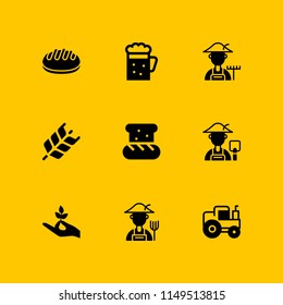 wheat icon set. tractor, hand holding a stalk and bread vector icon for graphic design and web