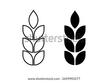 Wheat icon. Silhouette wheats isolated on white background. Malt beer. Malts spike. Spikelet grain. Barley or corn for flour print design. Cereal ear. Seed millets. Oat farming. Vector illustration
