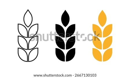 Wheat icon. Silhouette wheats isolated on white background. Malt beer. Malts spike. Spikelet grain. Barley or corn for flour print design. Cereal ear. Seed millets. Oat farming. Vector illustration