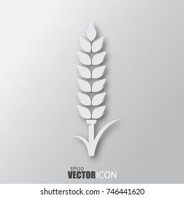 Wheat icon in white style with shadow isolated on grey background. For your design, logo. Vector illustration.