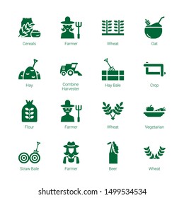 wheat icons. Editable 16 wheat icons. Included icons such as Cereals, Farmer, Wheat, Oat, Hay, Combine harvester, Hay bale, Crop, Flour, Vegetarian. trendy icons for web.