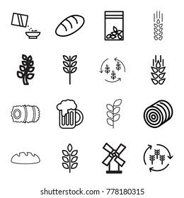 Wheat icons. set of 16 editable outline wheat icons such as wheat, harvest, hay, bread, seed bag, cereal, beer mug