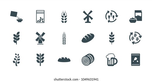 Wheat icons. set of 18 editable filled wheat icons: wheat, harvest, hay, bread, mill, seed bag, cereal