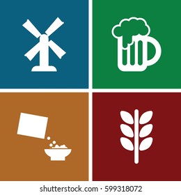 wheat icons set. Set of 4 wheat filled icons such as mill, cereal, beer mug