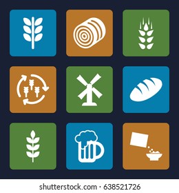 Wheat icons set. set of 9 wheat filled icons such as wheat, harvest, hay, bread, mill, cereal