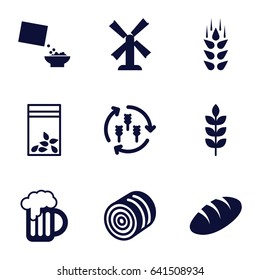 Wheat icons set. set of 9 wheat filled icons such as wheat, harvest, hay, bread, mill, seed bag, cereal