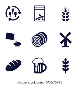 Wheat icons set. set of 9 wheat filled icons such as wheat, harvest, hay, bread, mill, seed bag, cereal