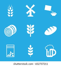 Wheat icons set. set of 9 wheat filled icons such as wheat, hay, bread, mill, seed bag, cereal