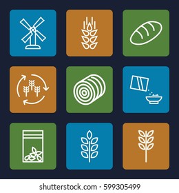 wheat icons set. Set of 9 wheat outline icons such as wheat, harvest, hay, bread, mill, seed bag