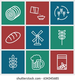 Wheat icons set. set of 9 wheat outline icons such as wheat, harvest, hay, bread, mill, seed bag, cereal
