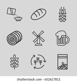Wheat icons set. set of 9 wheat outline icons such as wheat, harvest, hay, bread, mill, seed bag, cereal