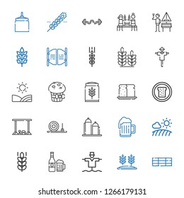wheat icons set. Collection of wheat with hay bale, scarecrow, beer, field, silo, straw bale, bar, bread, muffin, german, bars, cereal, oat. Editable and scalable wheat icons.