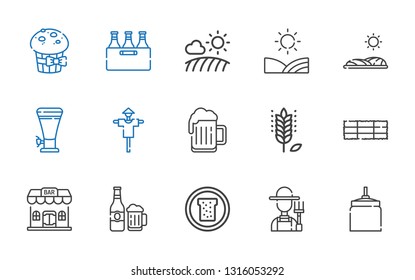 wheat icons set. Collection of wheat with oat, farmer, bread, beer, bar, hay bale, scarecrow, field, muffin. Editable and scalable wheat icons.