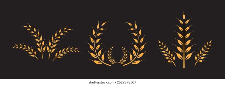 Wheat icons set. Wheat ear of various shapes, linear icon collection. Wheat wreaths and grain spikes set icons.
