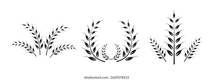 Wheat icons set. Wheat ear of various shapes, linear icon collection. Wheat wreaths and grain spikes set icons.