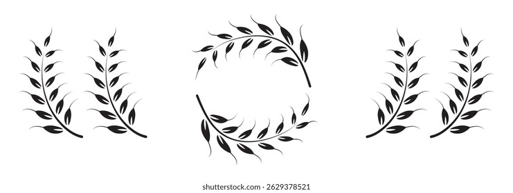 Wheat icons set. Wheat ear of various shapes, linear icon collection. Wheat wreaths and grain spikes set icons.