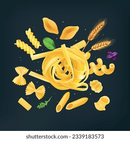 Weizenische Pastete-Komposition mit farfalle tagliatelle gnocchi rigatoni fusulli und Kräutern auf schwarzem Hintergrund, realistische Vektorgrafik