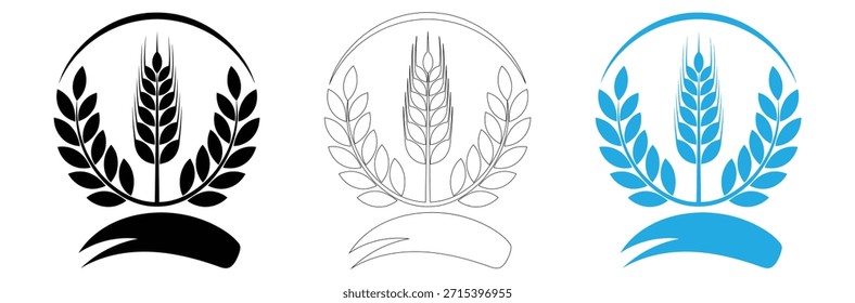 Diseños de logotipos de corona de laurel de trigo en negro, azul y arte lineal, foliar de laurel. Laurel Corona. Icono de corona de Vector. Icono de corona de laurel. Marco redondo para invitaciones, tarjetas de felicitación, citas, logotipos,